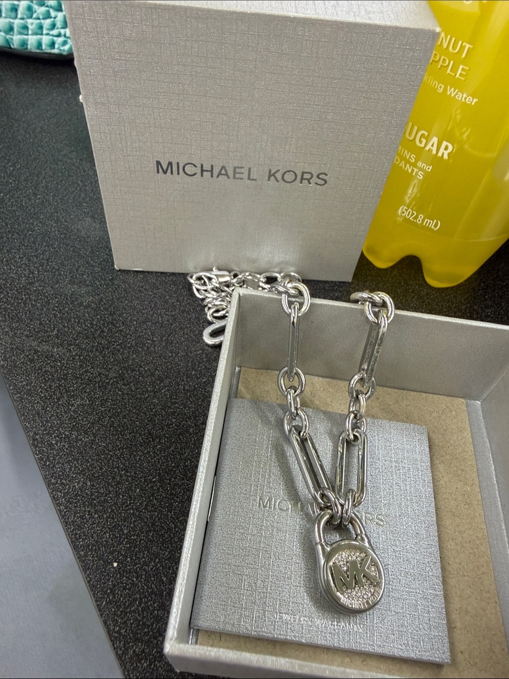 Michael Kors Silver Link Necklace with MK Charm